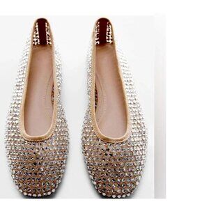 Mango Rhinestone Ballerina Flats NWT 39 US 8.5 Nude